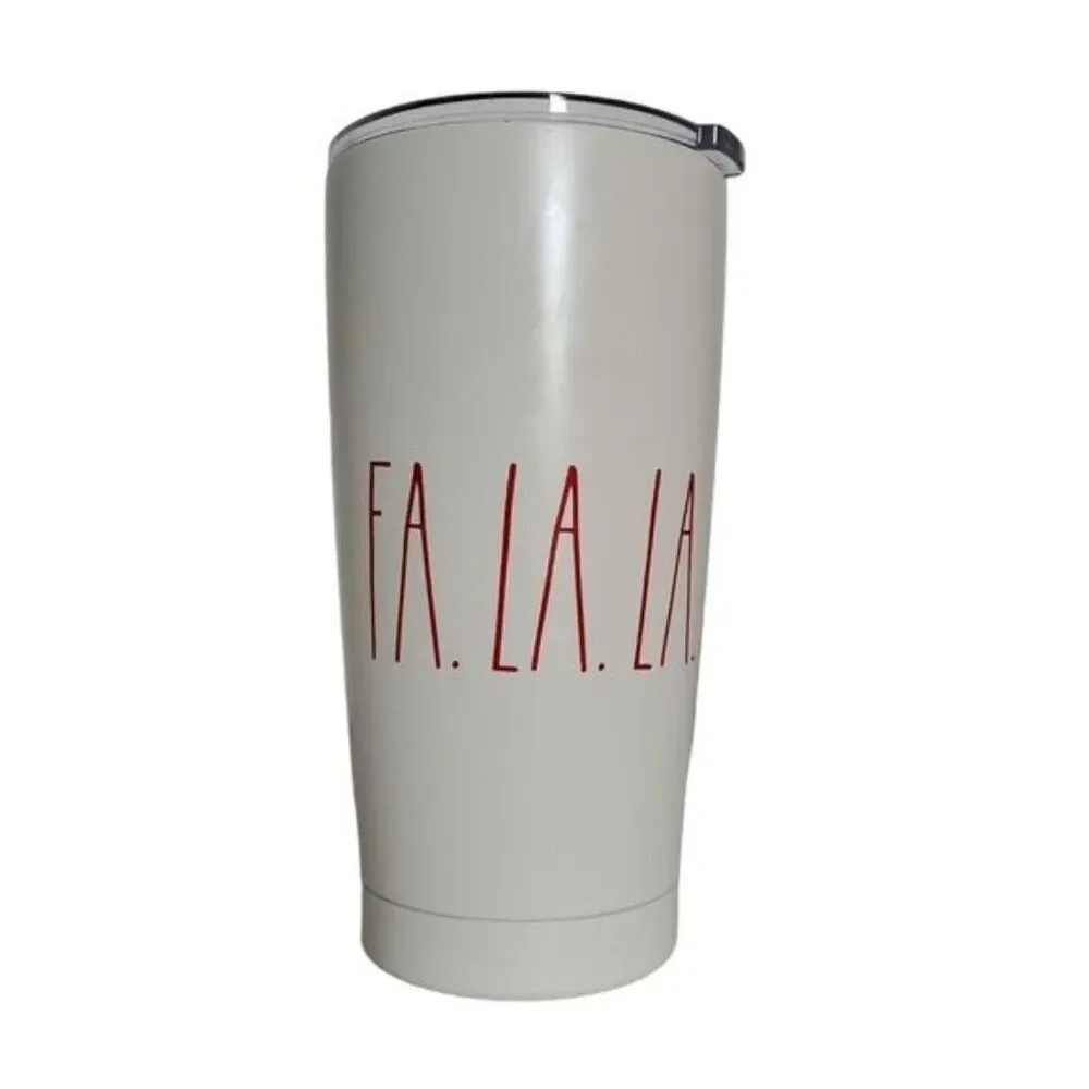 Rae Dunn 17 oz Fa LA LA Travel Tumbler Mug Cup STAINLESS STEEL White HOLIDAY